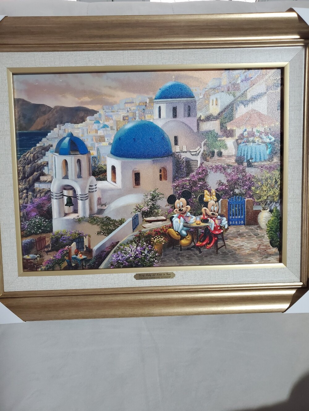 Thomas Kinkade Disney Mickey Mouse And Minnie In Grees Framed on Canvas 21"x17"